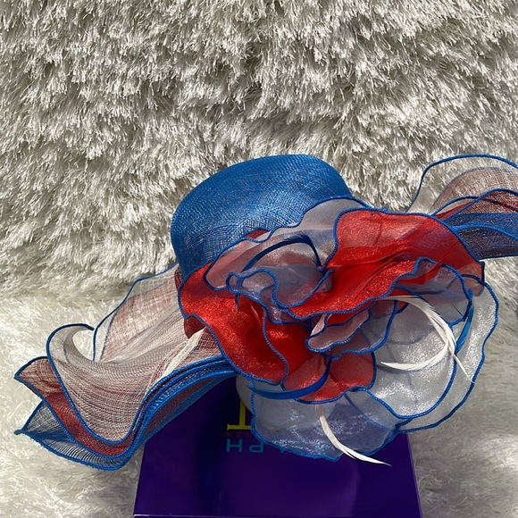 Kentucky Derby Side Flip 7" Brim Sinamay Layered Feather Hat USA Flag Patriotic - Picture 12 of 16